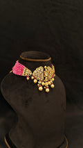 Sia Polki Gulabi Dil Choker – multi-strand pink seed bead choker with three open filigree heart polki medallions, ruby accents and golden pearl drops, handcrafted in Jodhpur