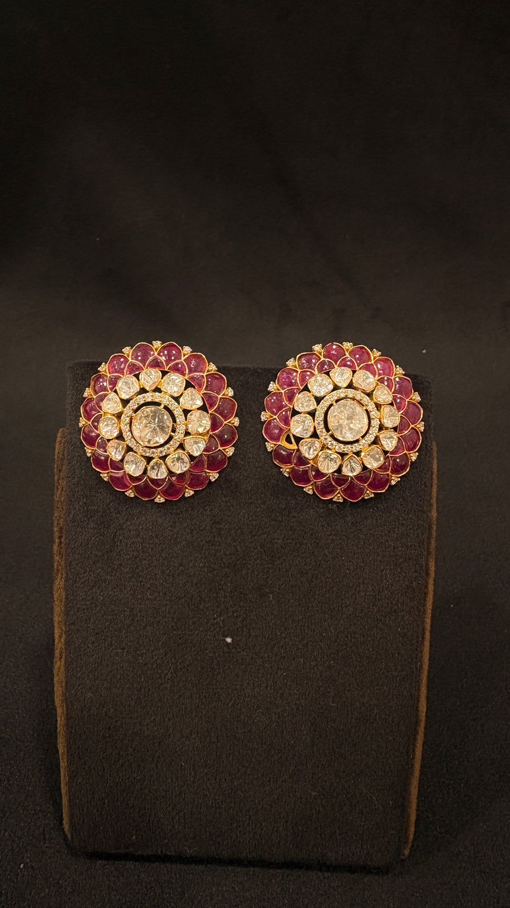 Sia Polki Gulab Studs – large round ruby red polki dome stud earrings with moissanite polki centre and concentric ruby petal layers, handcrafted in Jodhpur