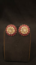 Sia Polki Gulab Studs – large round ruby red polki dome stud earrings with moissanite polki centre and concentric ruby petal layers, handcrafted in Jodhpur
