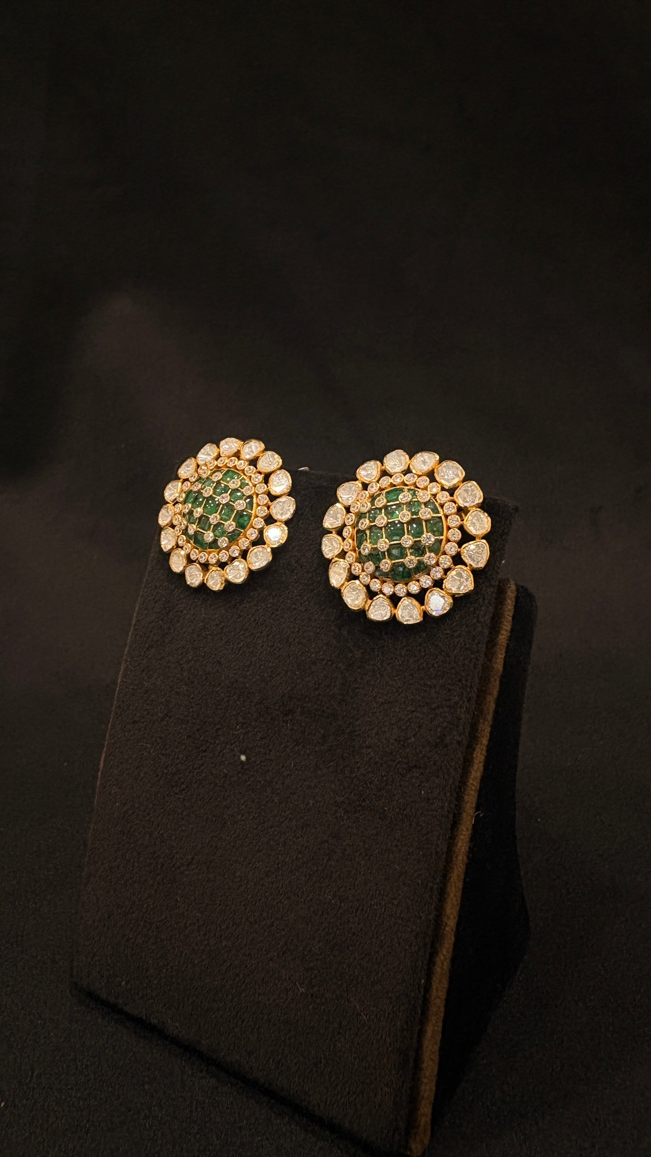 Panna Gol Polki Studs ✦ Emerald Green Round Bridal Earrings | Handcrafted in Jodhpur
