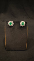 Sia Polki Panna Gol Studs – round dome earrings with emerald green grid pave centre and outer moissanite polki ring, handcrafted in Jodhpur