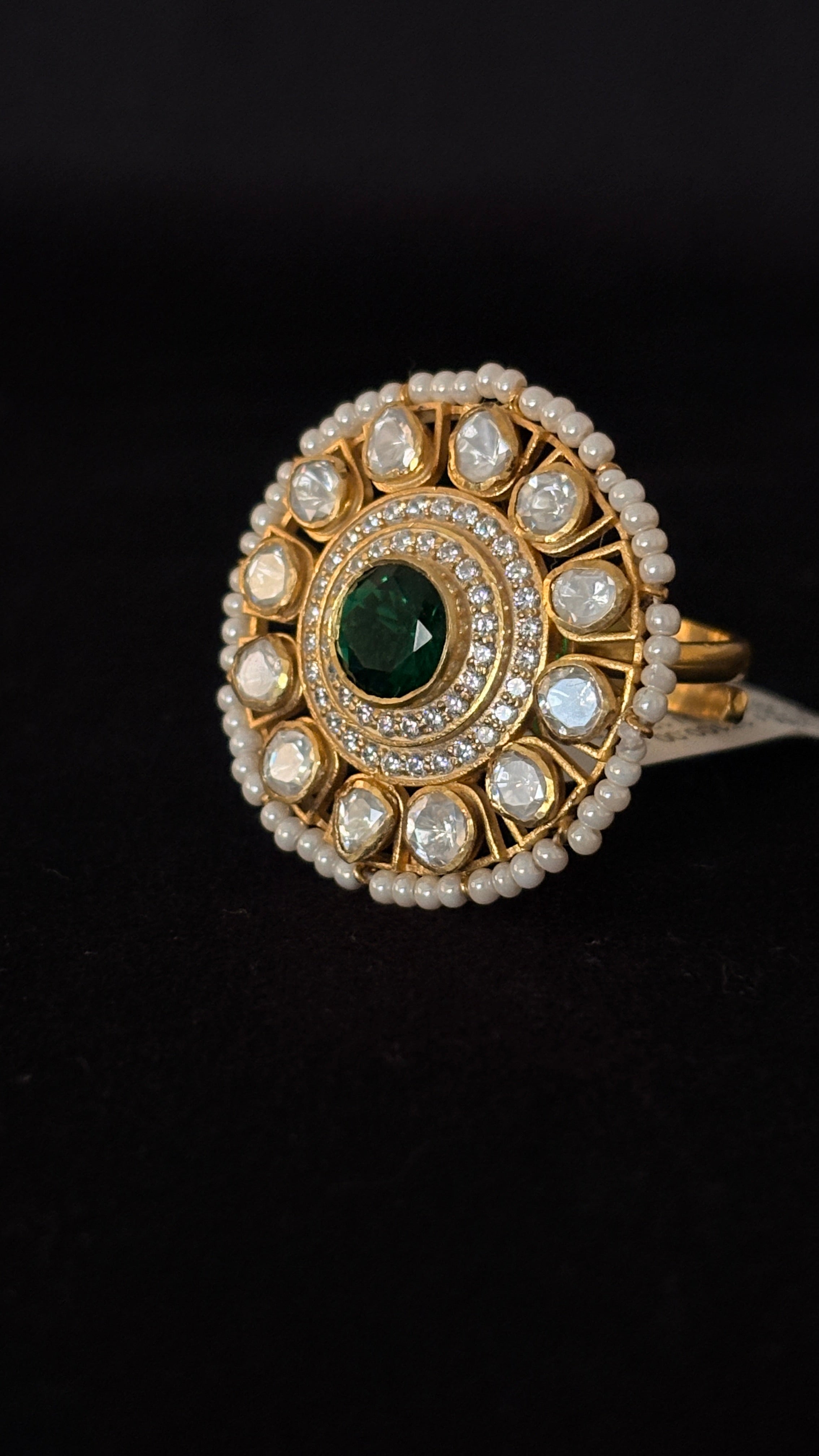 Panna Moti Polki Ring ✦ Emerald & Pearl Cocktail Ring | Handcrafted in Jodhpur