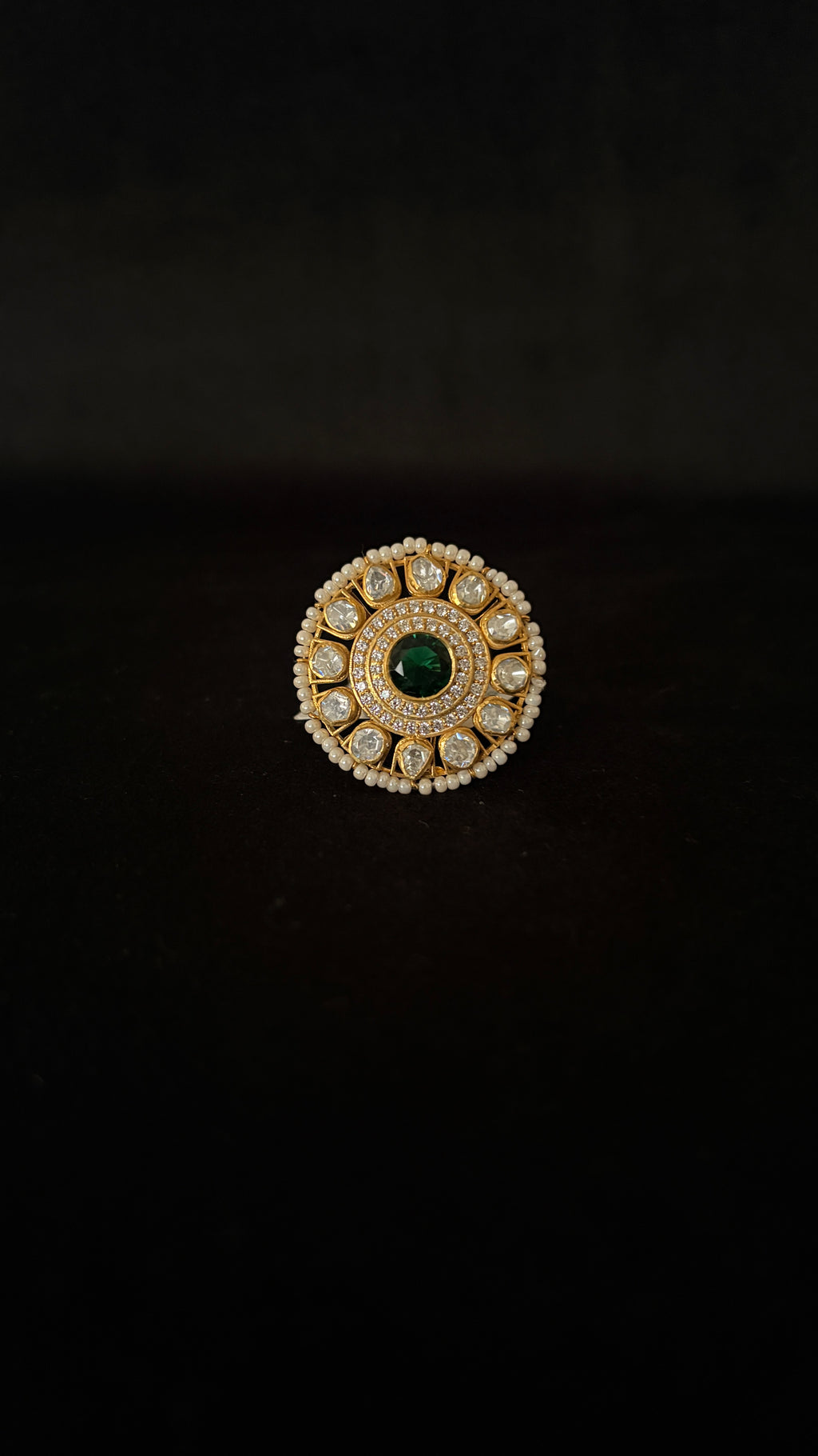 Sia Polki Panna Moti Ring – large round disc cocktail ring with oval emerald centre, moissanite polki spokes and seed pearl outer border, adjustable band, handcrafted in Jodhpur