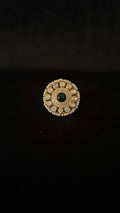 Sia Polki Panna Moti Ring – large round disc cocktail ring with oval emerald centre, moissanite polki spokes and seed pearl outer border, adjustable band, handcrafted in Jodhpur