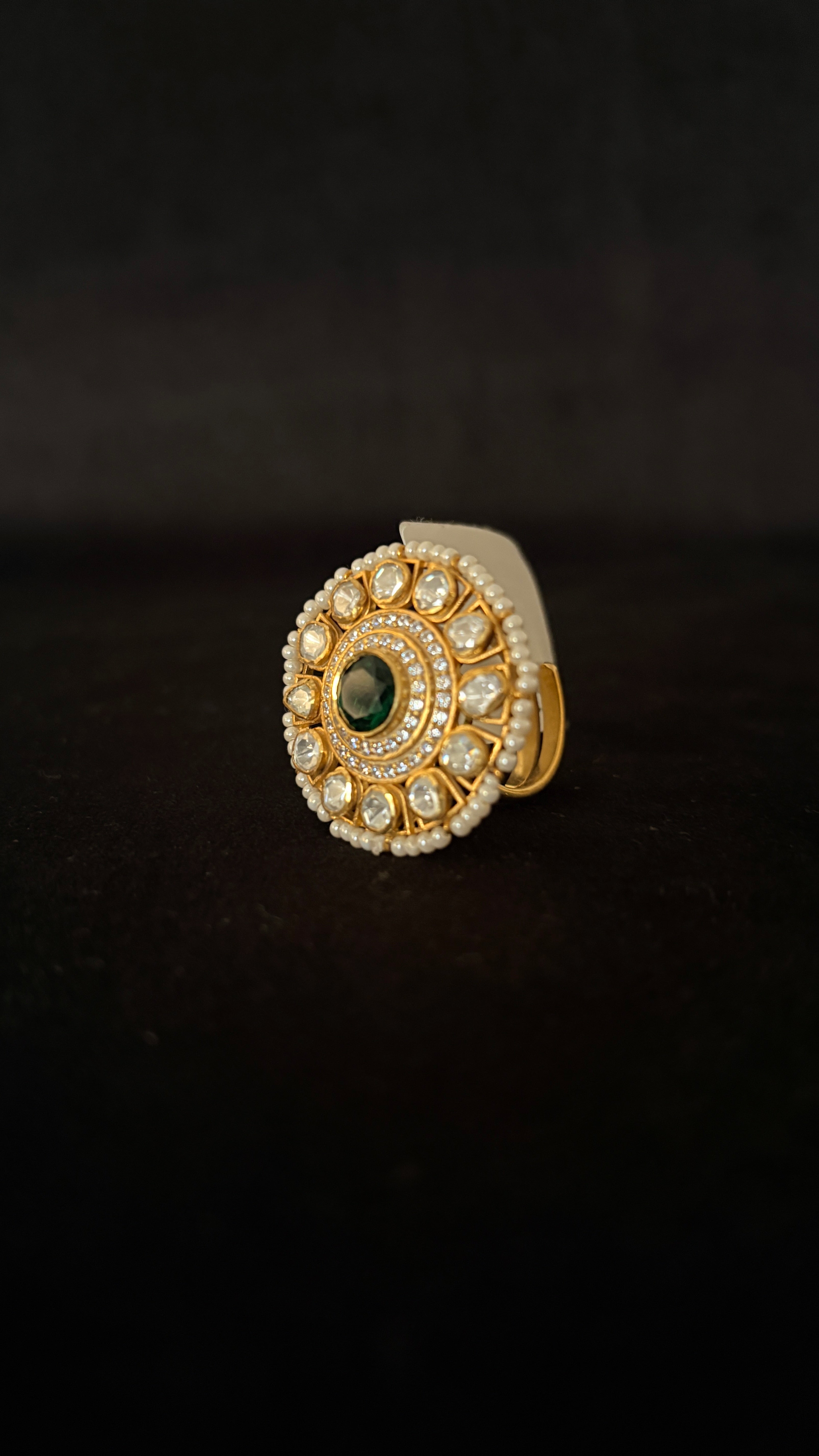 Panna Moti Polki Ring ✦ Emerald & Pearl Cocktail Ring | Handcrafted in Jodhpur