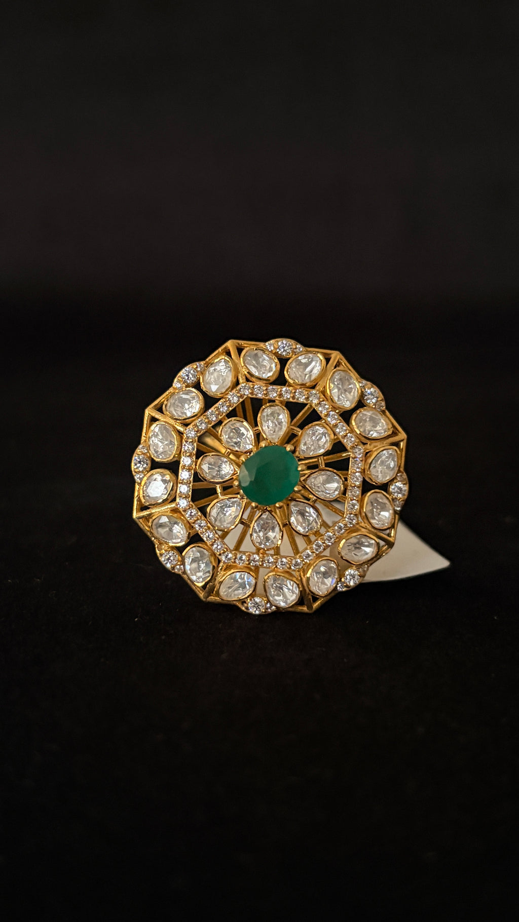 Sia Polki Panna Satkona Ring – large octagonal disc cocktail ring with emerald centre, two rings of moissanite polki spokes and AD octagonal border, adjustable band, handcrafted in Jodhpur