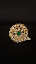 Sia Polki Panna Satkona Ring – large octagonal disc cocktail ring with emerald centre, two rings of moissanite polki spokes and AD octagonal border, adjustable band, handcrafted in Jodhpur