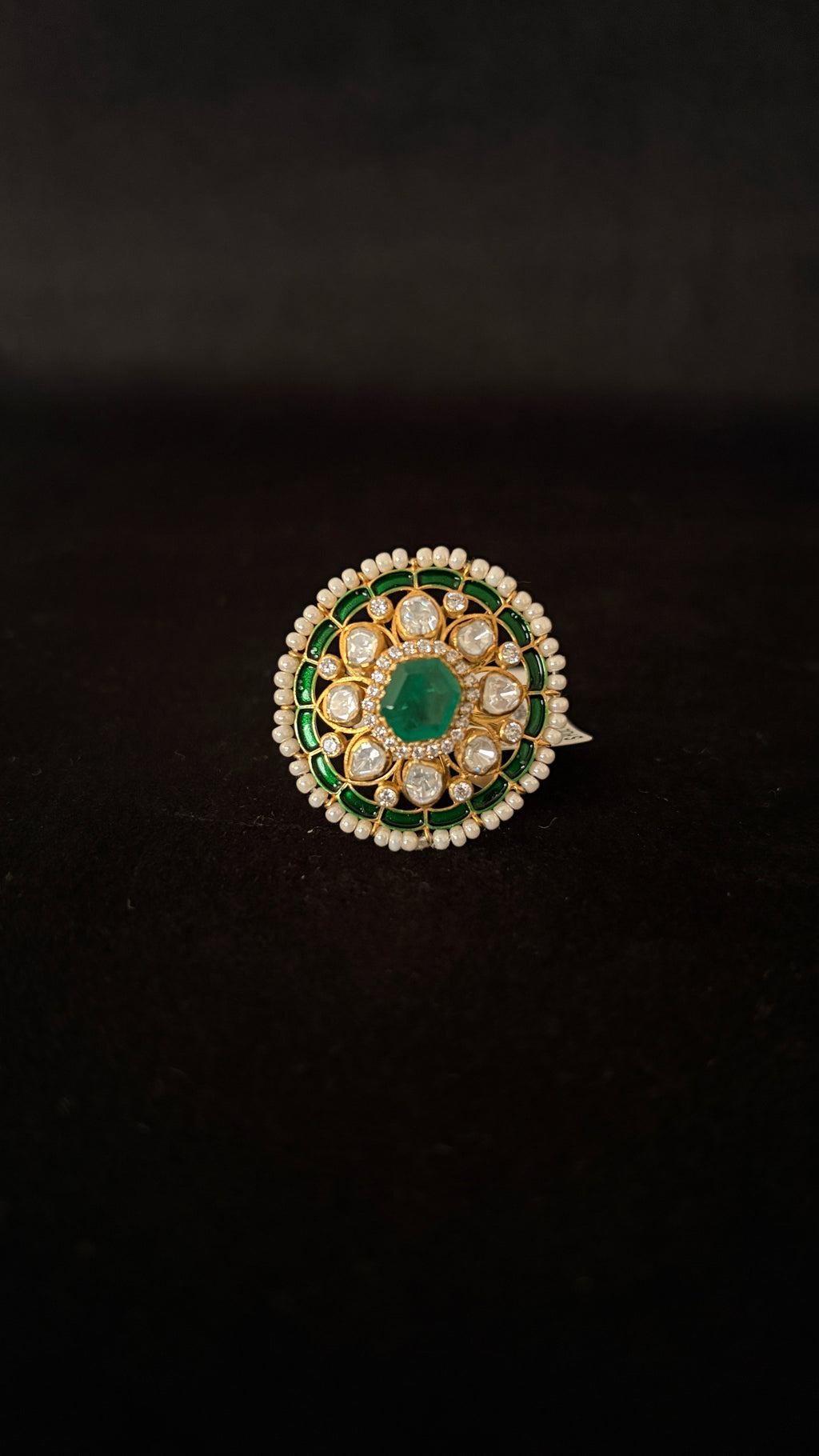 Panna Meena Moti Polki Ring ✦ Emerald Enamel Pearl Cocktail Ring | Handcrafted in Jodhpur