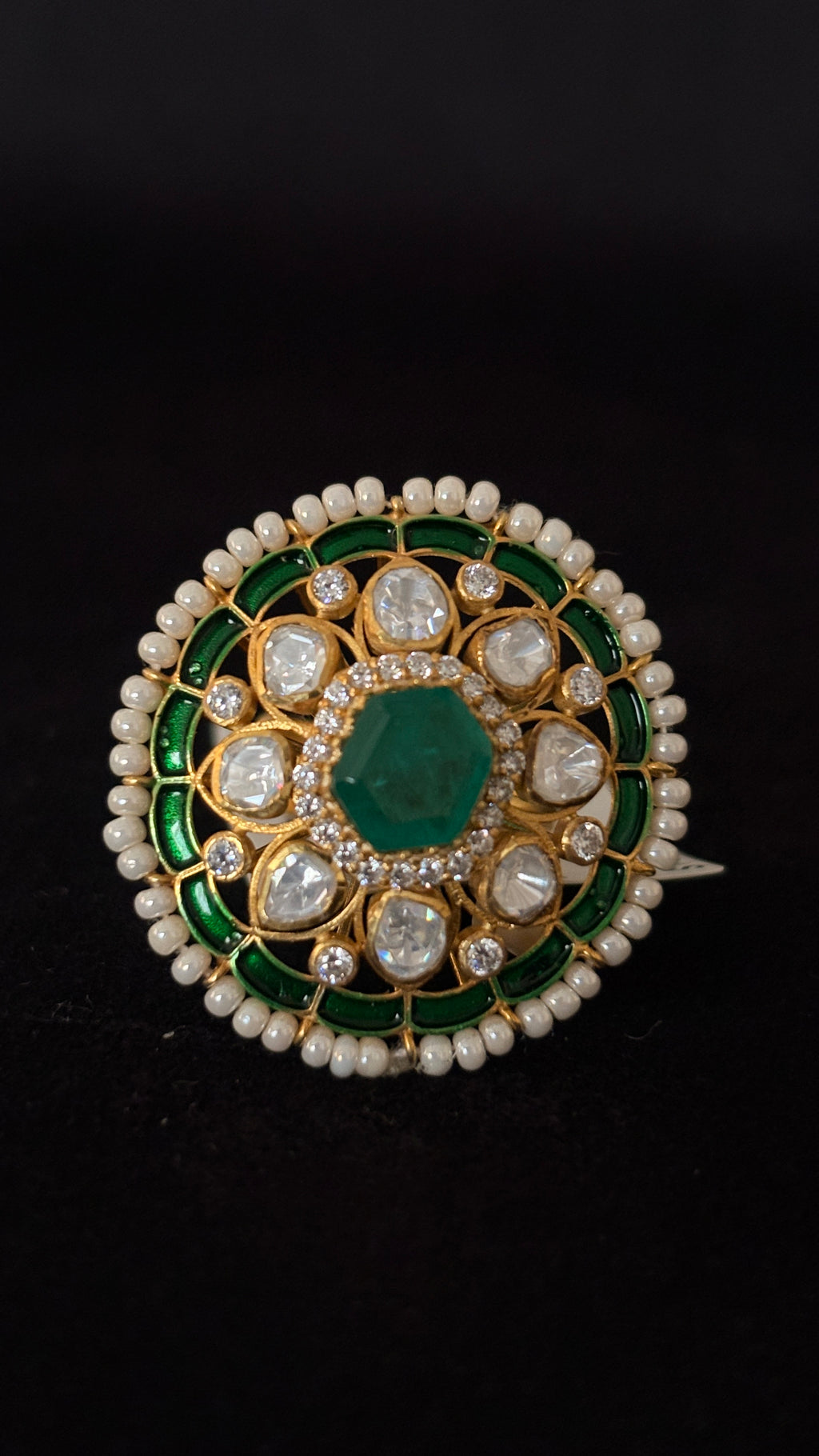 Sia Polki Panna Meena Moti Ring – round disc cocktail ring with hexagonal emerald centre, moissanite polki, green meenakari enamel ring and seed pearl outer border, handcrafted in Jodhpur
