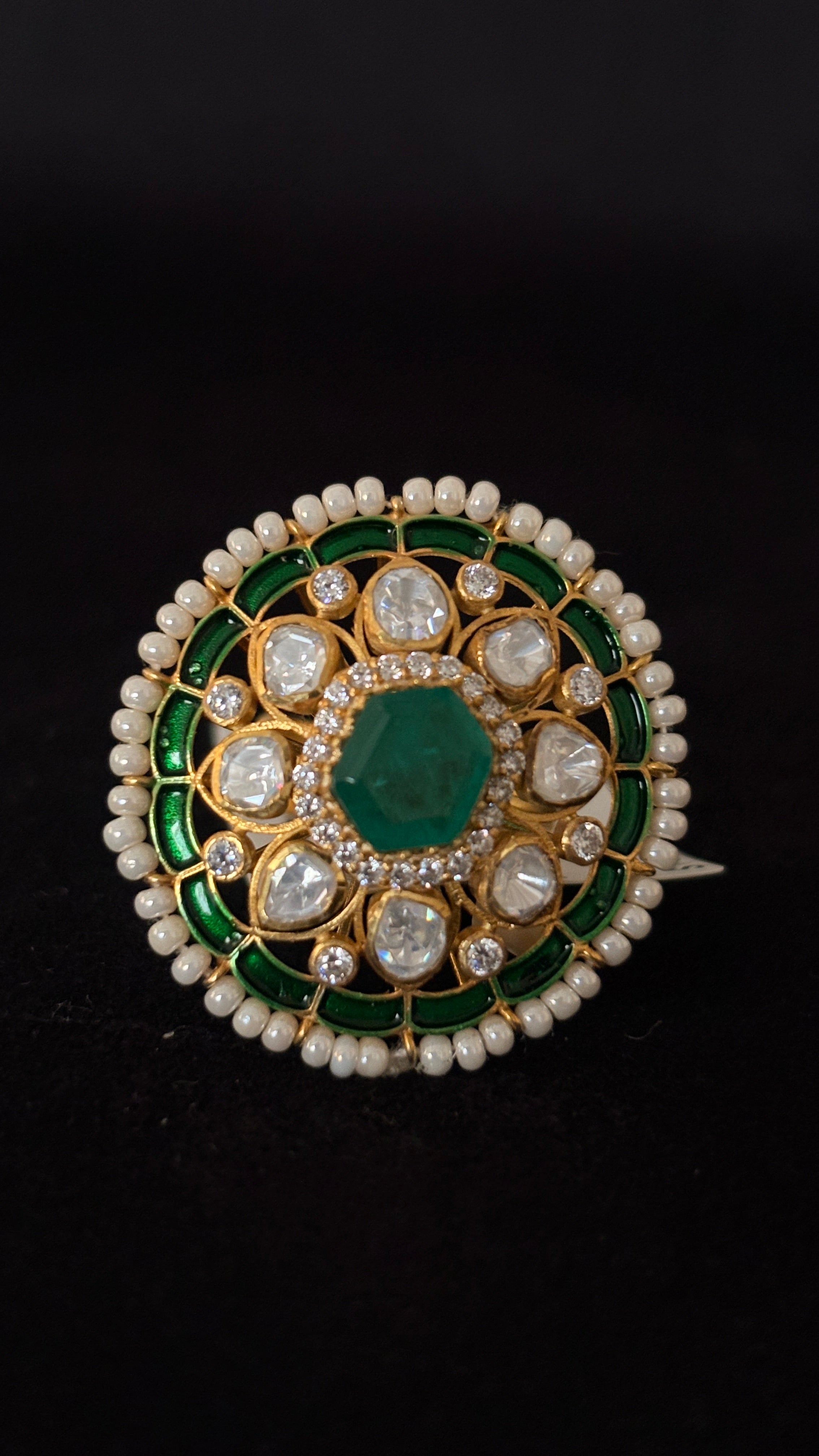 Sia Polki Panna Meena Moti Ring – round disc cocktail ring with hexagonal emerald centre, moissanite polki, green meenakari enamel ring and seed pearl outer border, handcrafted in Jodhpur