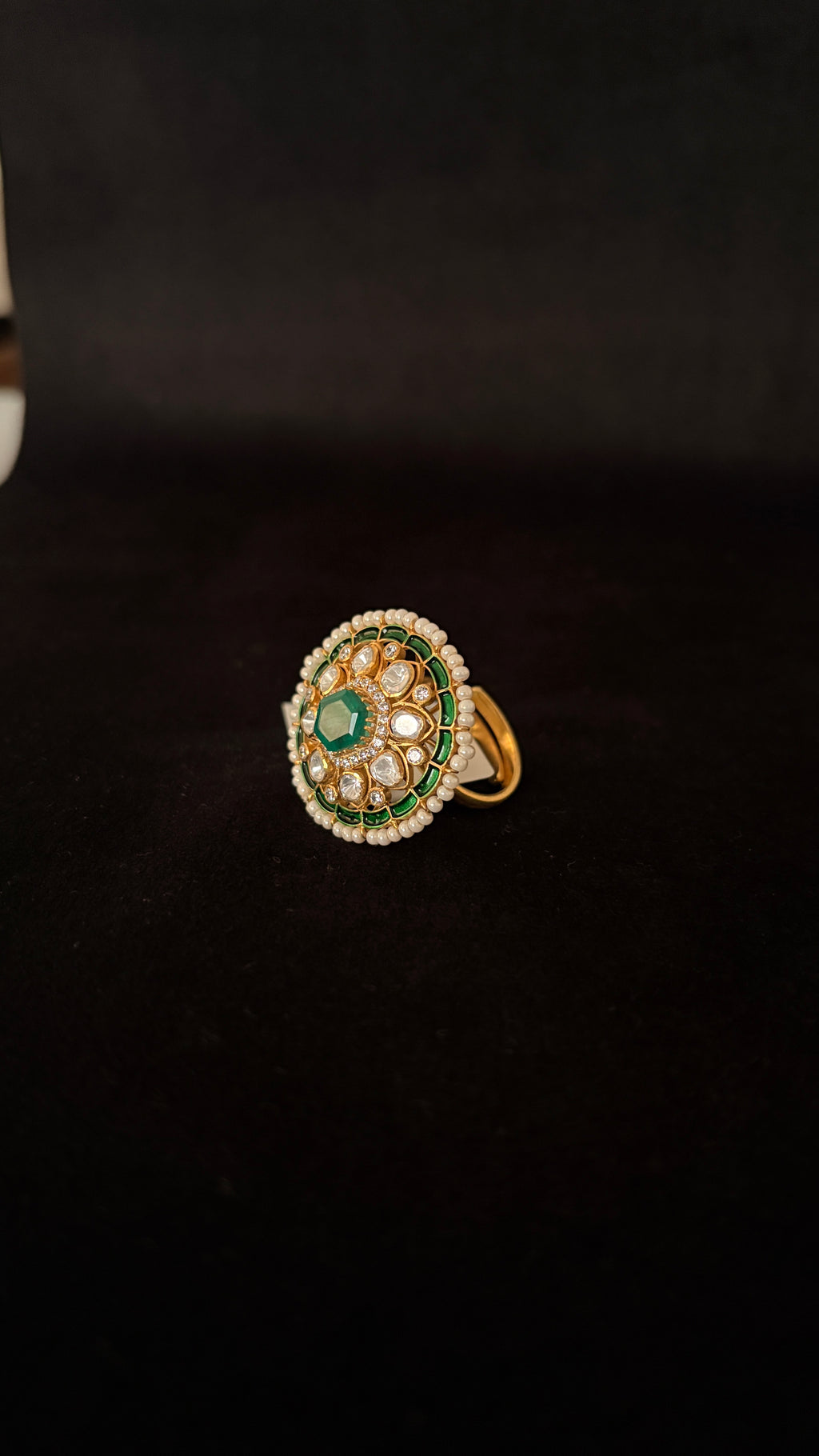 Panna Meena Moti Polki Ring ✦ Emerald Enamel Pearl Cocktail Ring | Handcrafted in Jodhpur