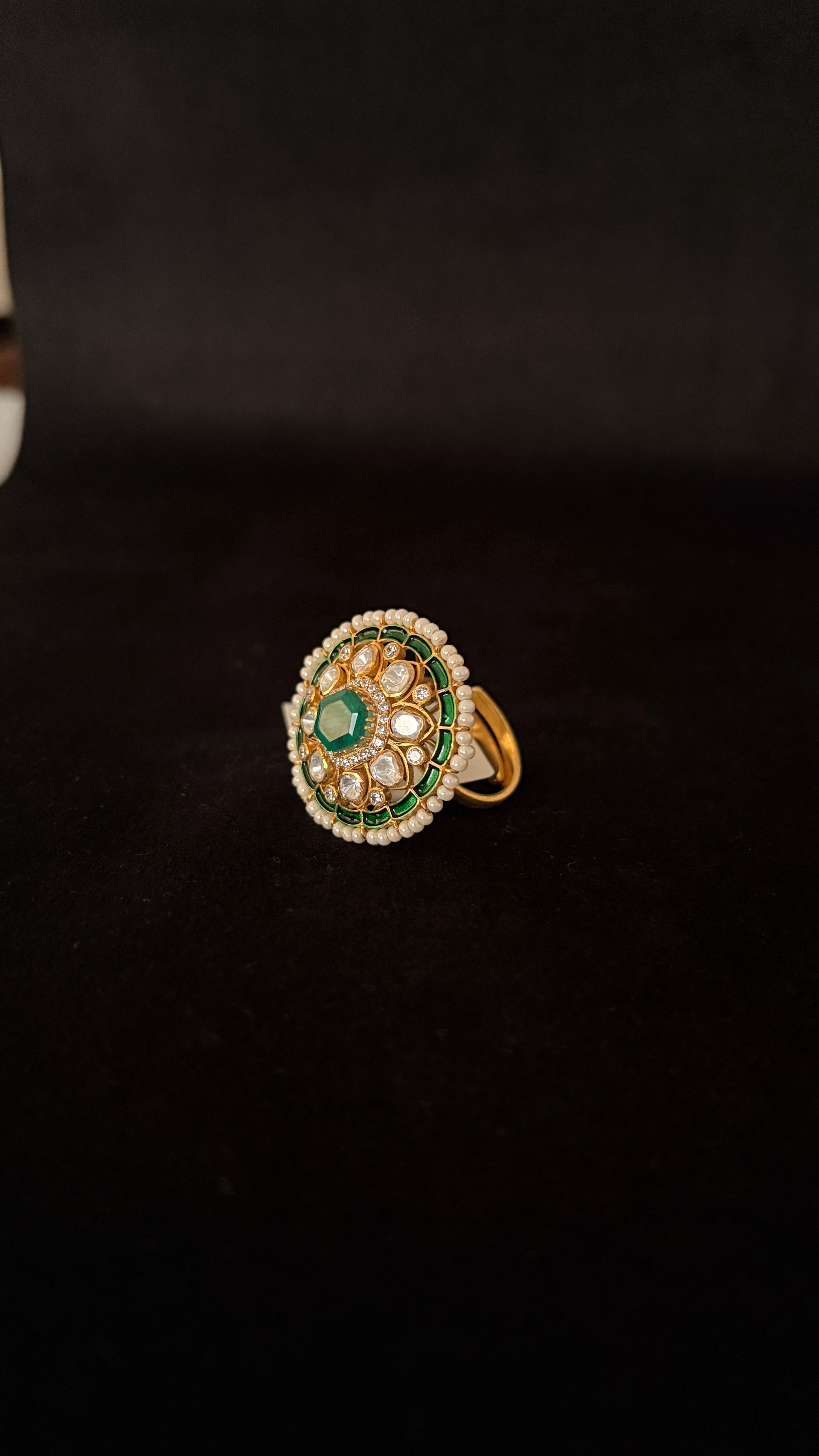 Panna Meena Moti Polki Ring ✦ Emerald Enamel Pearl Cocktail Ring | Handcrafted in Jodhpur