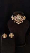 pearl polki choker set, meenakari bridal choker, moti meena polki, seed pearl choker, ruby enamel choker, rajasthani bridal jewellery, polki choker with earrings, moissanite polki choker, gold plated bridal set, sia polki, jodhpur handcrafted jewellery, wedding day choker, ivory lehenga jewellery, bridal set under 1.5 lakh, heritage craft jewellery, pearl drop choker
