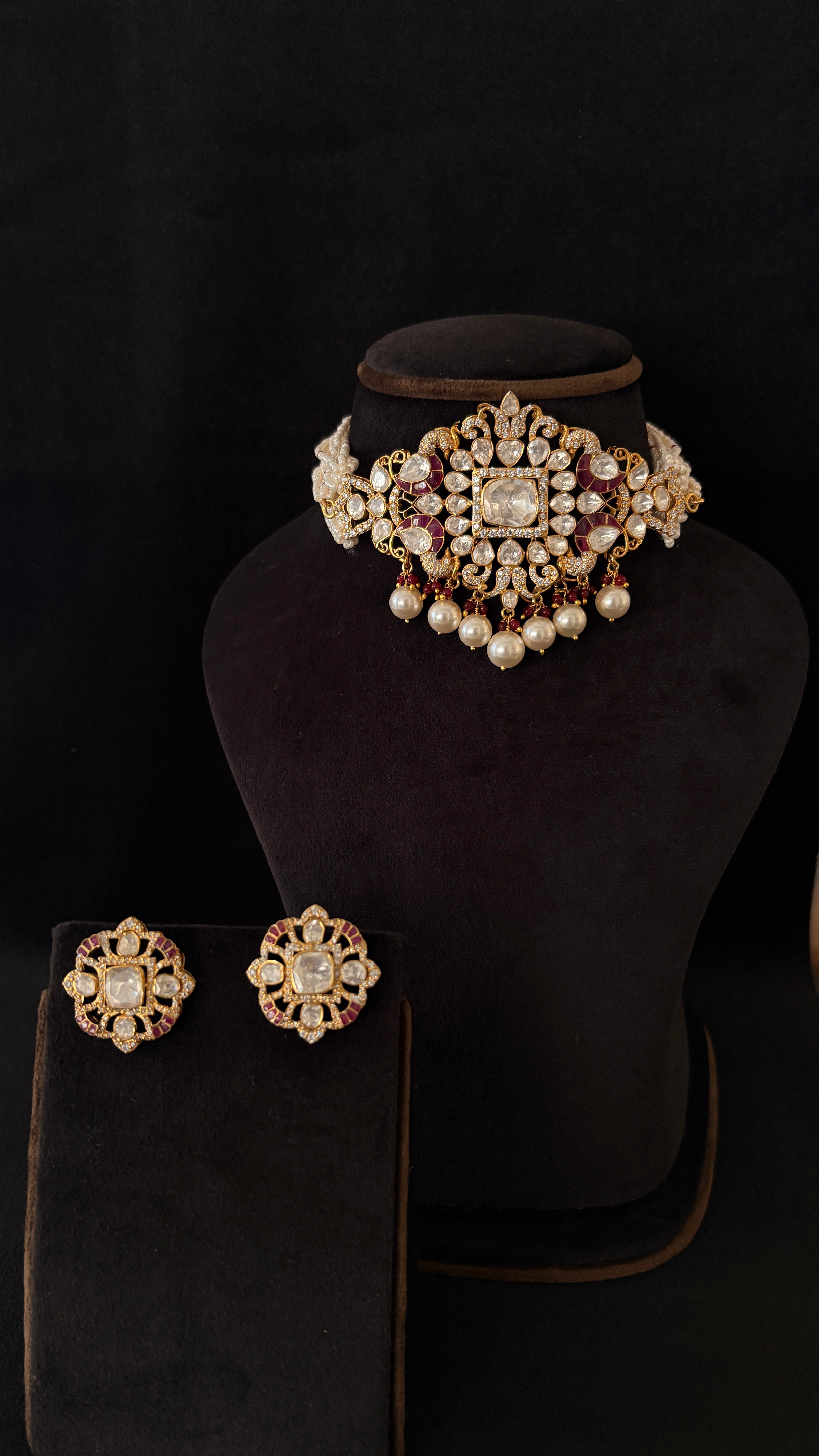 pearl polki choker set, meenakari bridal choker, moti meena polki, seed pearl choker, ruby enamel choker, rajasthani bridal jewellery, polki choker with earrings, moissanite polki choker, gold plated bridal set, sia polki, jodhpur handcrafted jewellery, wedding day choker, ivory lehenga jewellery, bridal set under 1.5 lakh, heritage craft jewellery, pearl drop choker