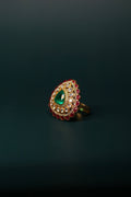 Sia Polki Panna Dil Ring – grand dome cocktail ring with heart-shaped emerald centre, moissanite polki halo and ruby red petal border, adjustable band, handcrafted in Jodhpur