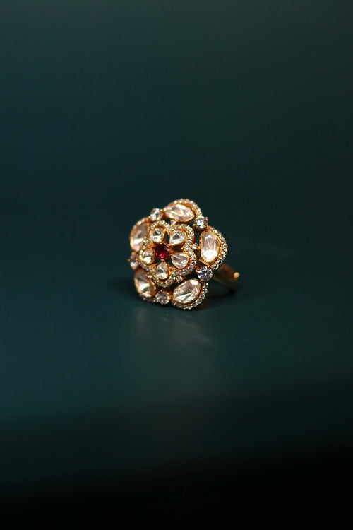 Sia Polki Gathri Ring – high dome cluster cocktail ring with large irregular moissanite polki stones, single ruby centre accent and AD border, adjustable band, handcrafted in Jodhpur