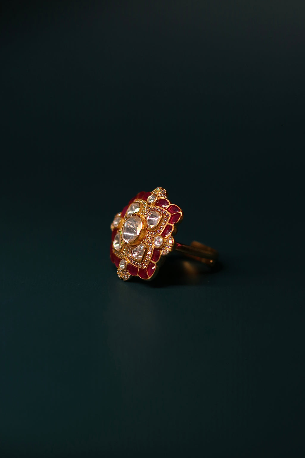 Sia Polki Chaar Phool Ring – square cushion open-work polki ring with four-petal moissanite formation, ruby red accents and AD border, adjustable band, handcrafted in Jodhpur