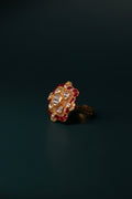 Sia Polki Chaar Phool Ring – square cushion open-work polki ring with four-petal moissanite formation, ruby red accents and AD border, adjustable band, handcrafted in Jodhpur