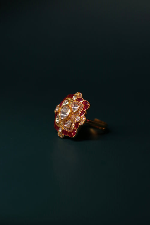 Sia Polki Chaar Phool Ring – square cushion open-work polki ring with four-petal moissanite formation, ruby red accents and AD border, adjustable band, handcrafted in Jodhpur