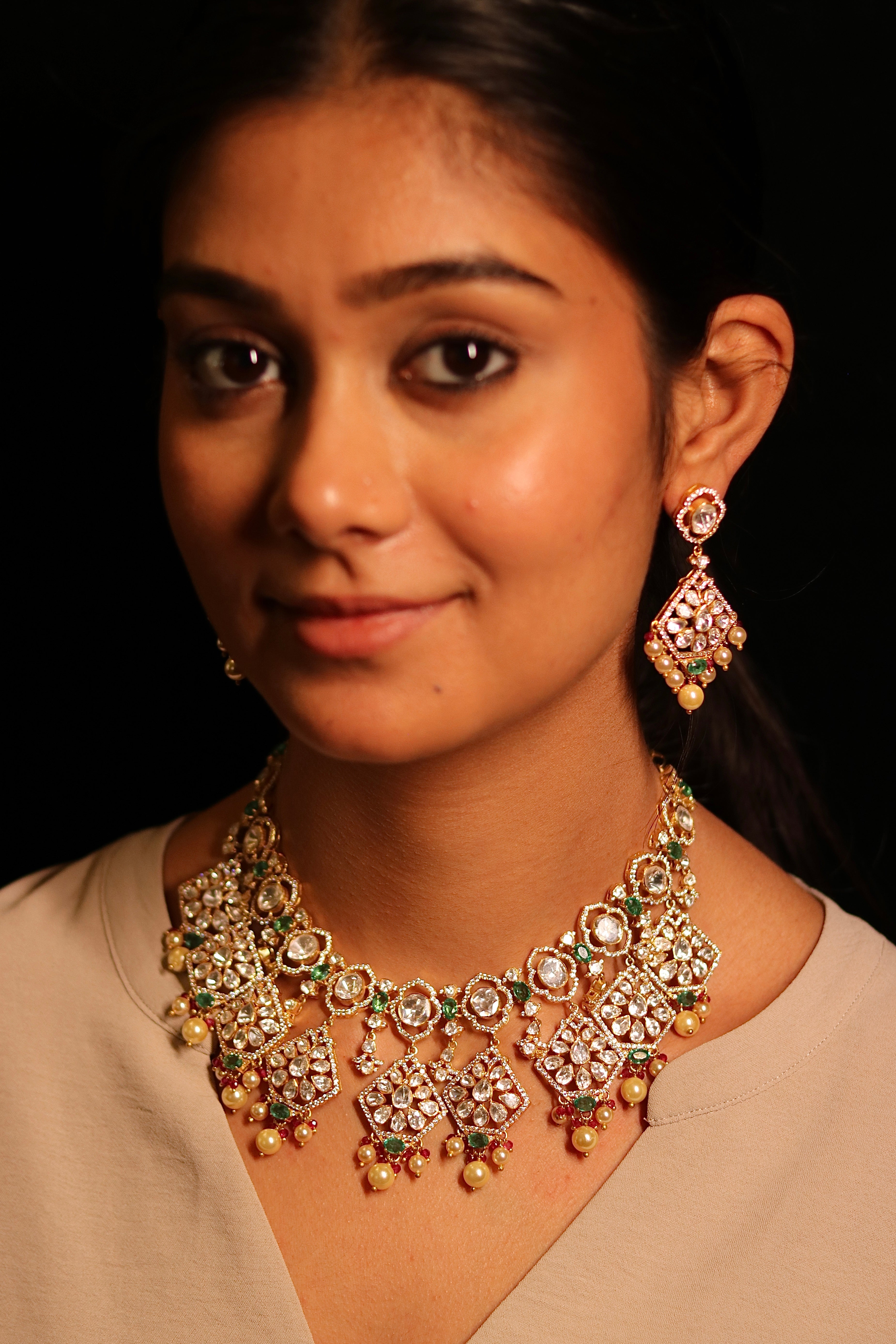 Handcrafted polki choker necklace with moissanite polki centres, AD stone border, emerald beads and freshwater pearl drops – Sia Polki