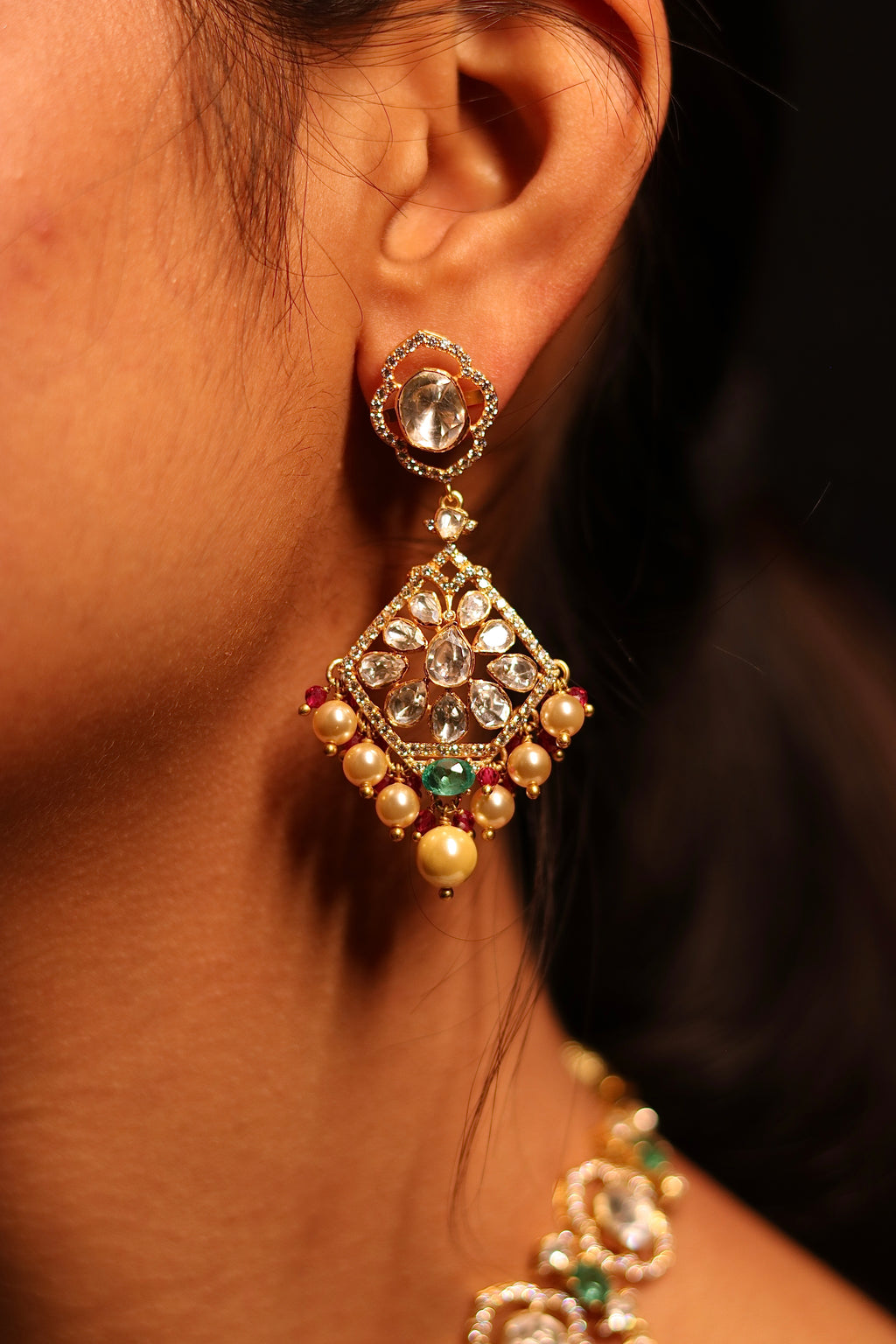 Geometric polki dangler earrings with emerald and ruby stones – matching earrings from Panna Haar Choker Set by Sia Polki