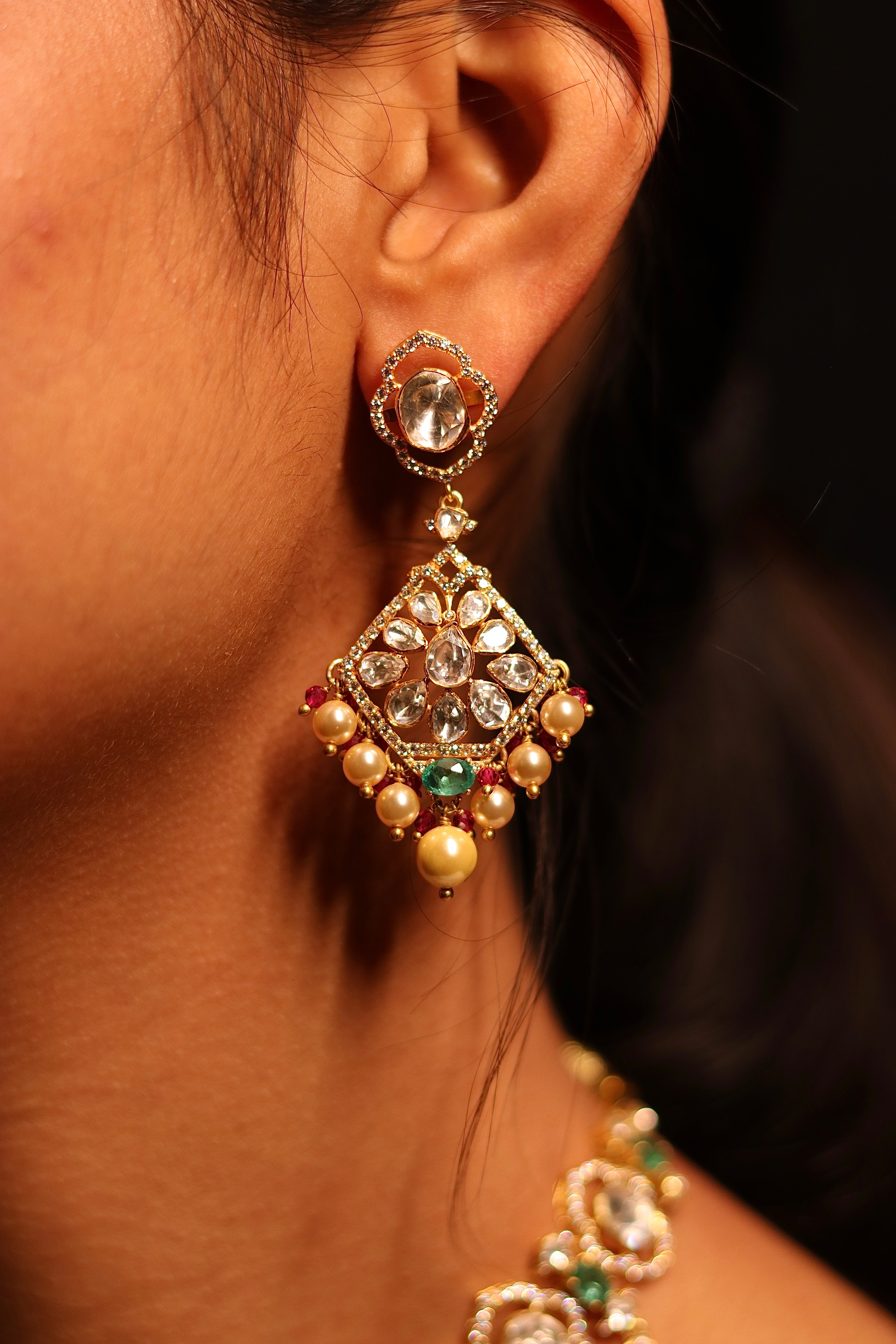 Geometric polki dangler earrings with emerald and ruby stones – matching earrings from Panna Haar Choker Set by Sia Polki