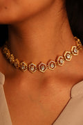 Sia Polki Satkona – modern gold-plated polki choker with octagonal moissanite motifs, worn at engagement or roka ceremony, handcrafted in Jodhpur