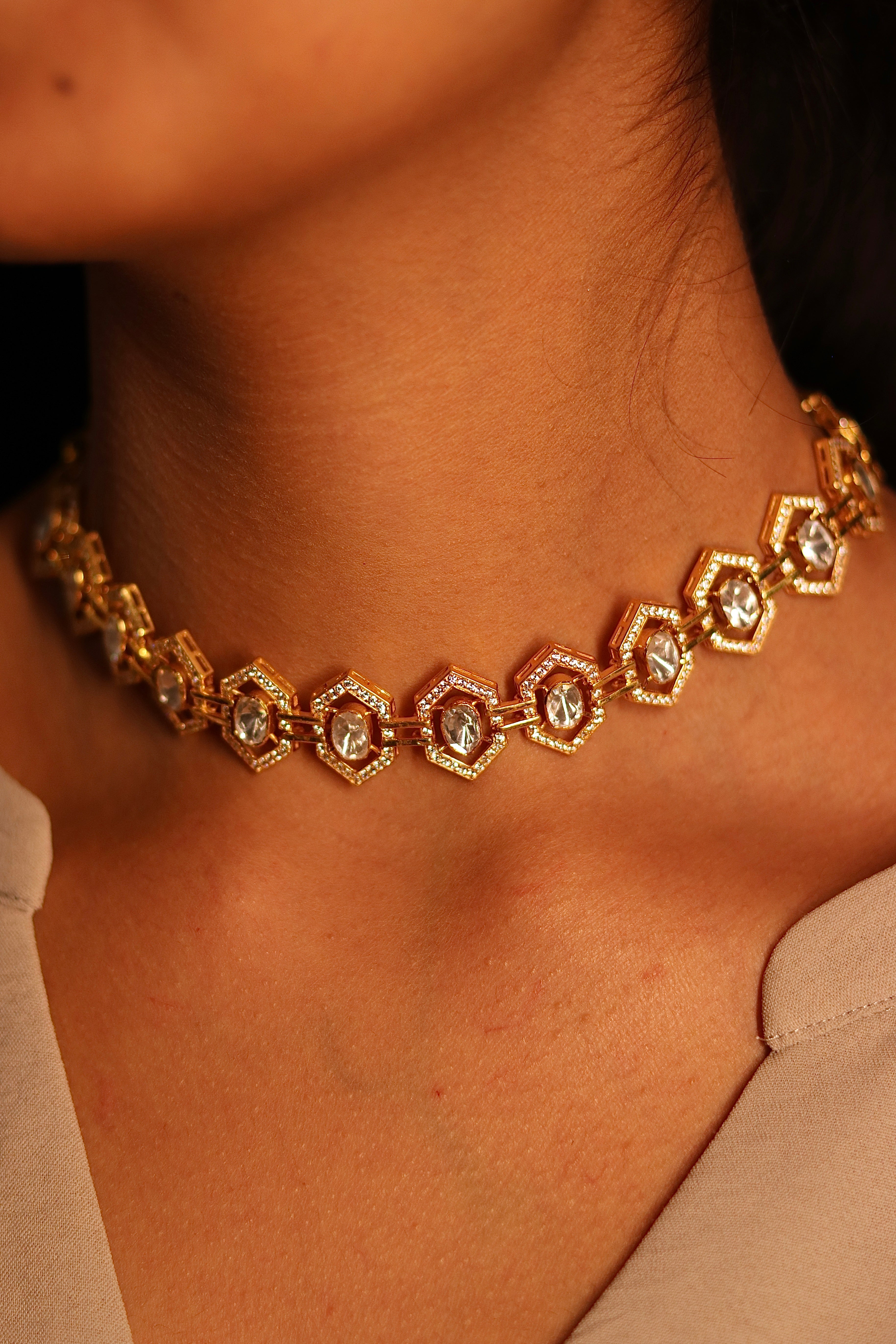 Sia Polki Satkona – modern gold-plated polki choker with octagonal moissanite motifs, worn at engagement or roka ceremony, handcrafted in Jodhpur