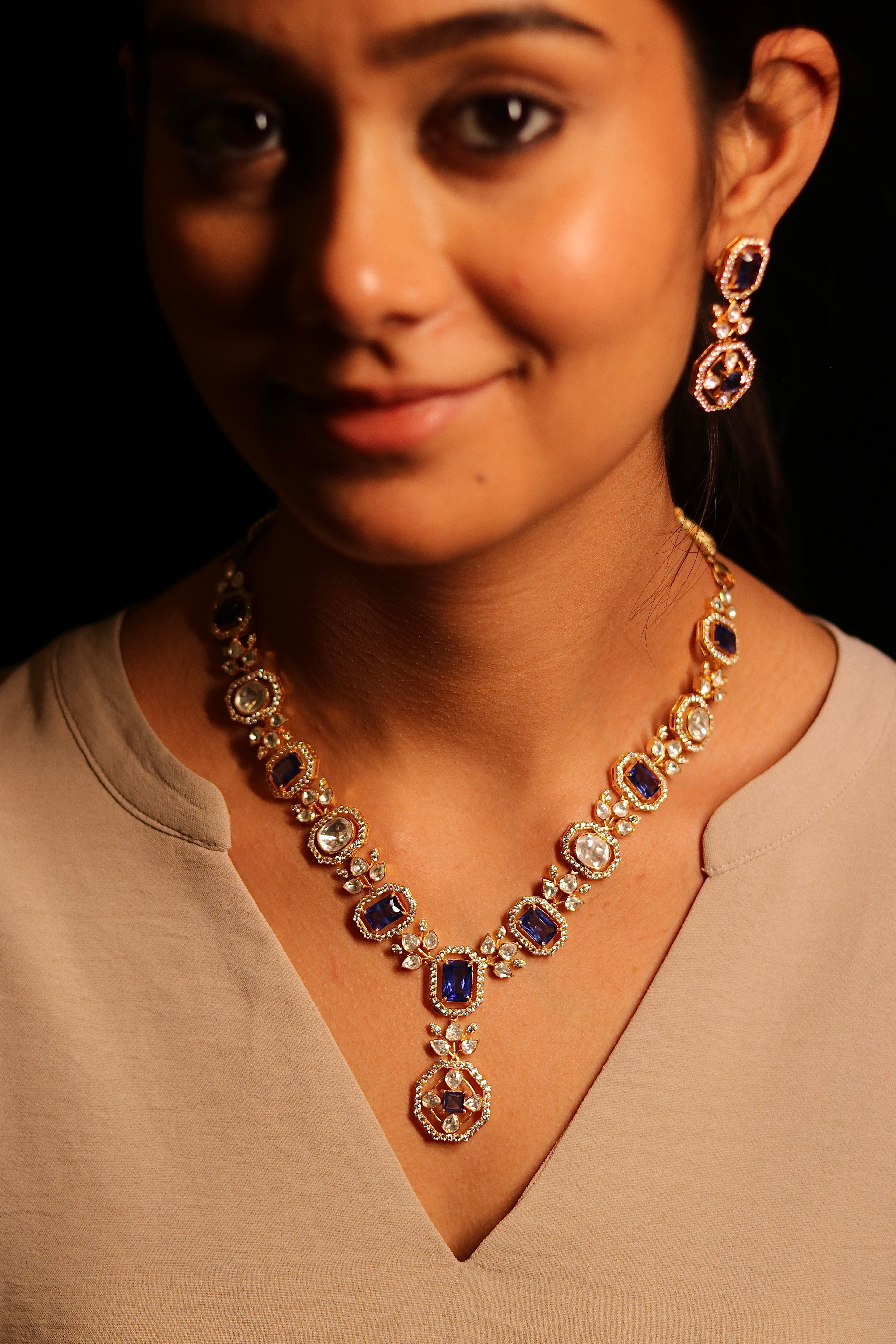 Neel Polki Necklace Set ✦ Royal Blue Bridal Jewellery