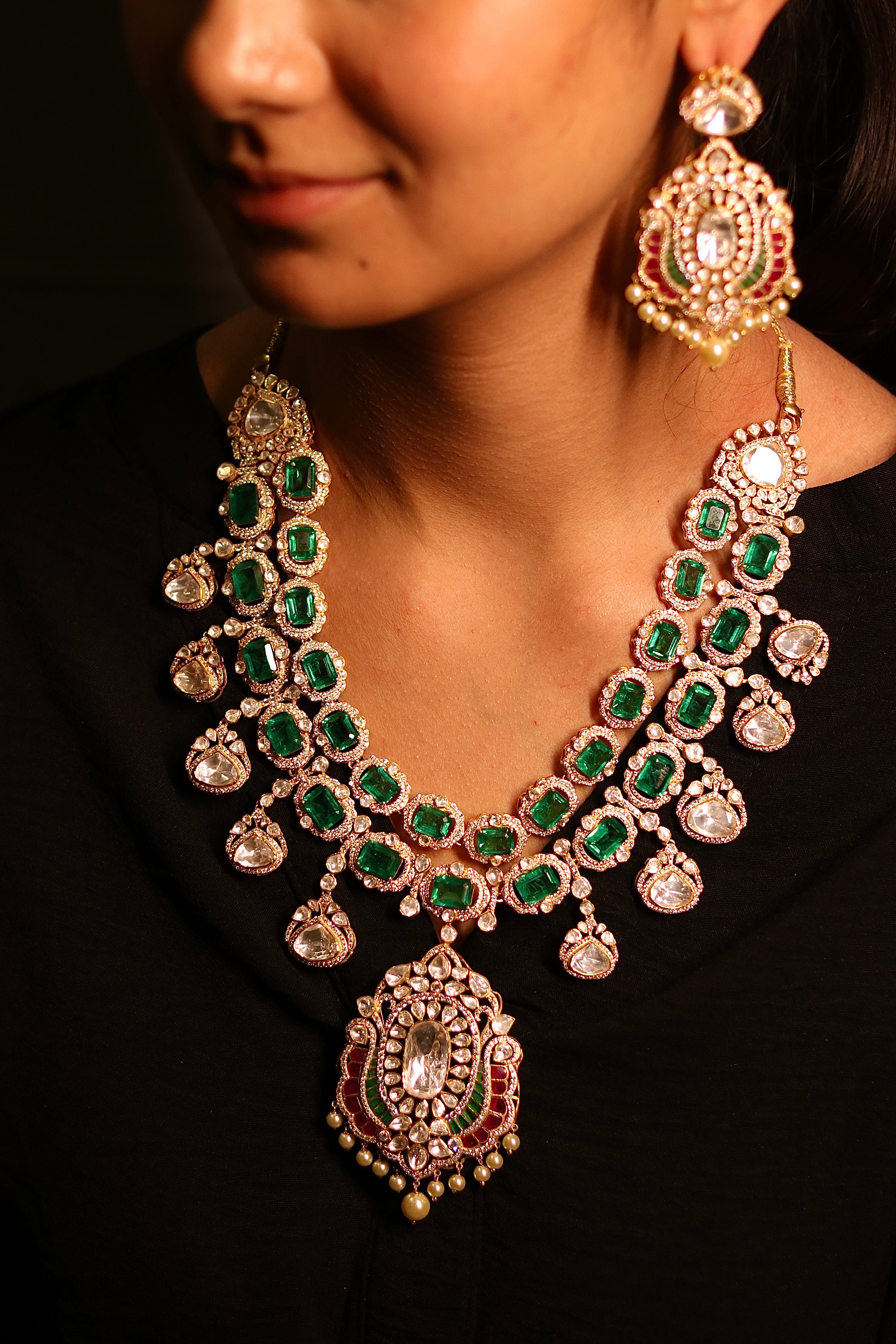 Zehra emerald polki bridal set — full bridal look with haar and chandbali earrings by Sia Polki Indian bridal jewellery